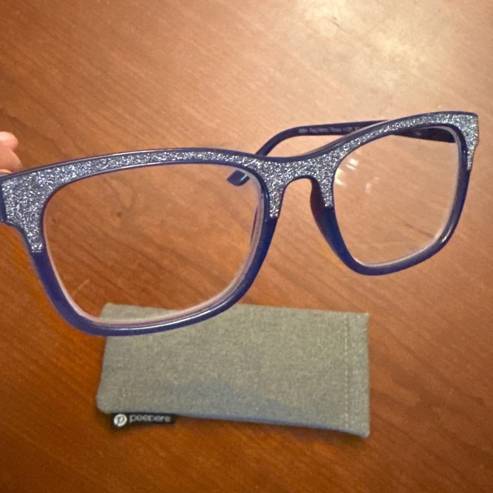 Peepers +1.25 reading glasses Foxy Mama blue glitter sparkle with case EUC
